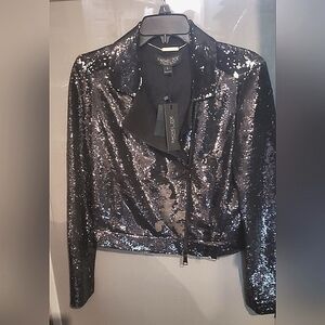 Rachel Zoe Black And Silver Sequin Moto Style Zip Jacket. Sz Six. New With Tag